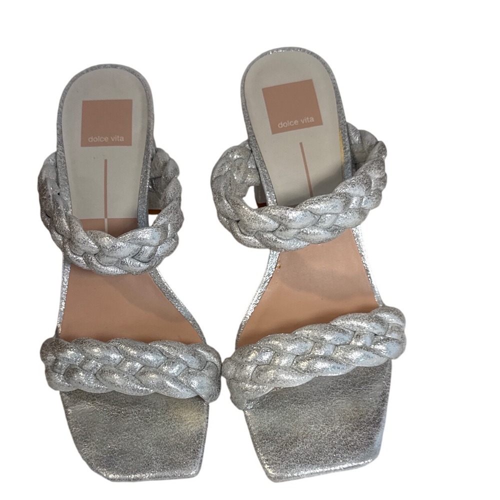 Dolce Vita Paily Braided Block Heel Sandals Silver Metallic Square Toe Size 8.5